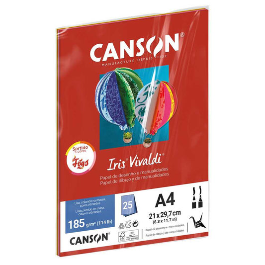 PAPEL CANSON IRIS VIVALDI A4 185G/M2 SORTIDO FOGO 25 FOLHAS