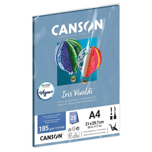 PAPEL CANSON IRIS VIVALDI A4 185G/M2 SORTIDO AGUA 25 FOLHAS