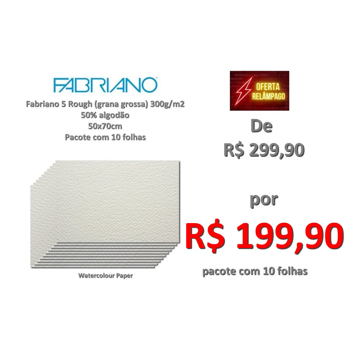 PAPEL FABRIANO 5 ROUGH (GR GROSSA) 300G/M2 50X70 C/ 10FL 50% COTTON