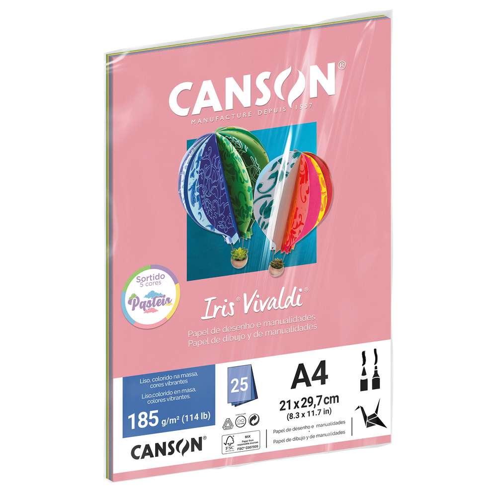 PAPEL CANSON IRIS VIVALDI A4 185G/M2 CORES PASTEIS C/ 25 FL