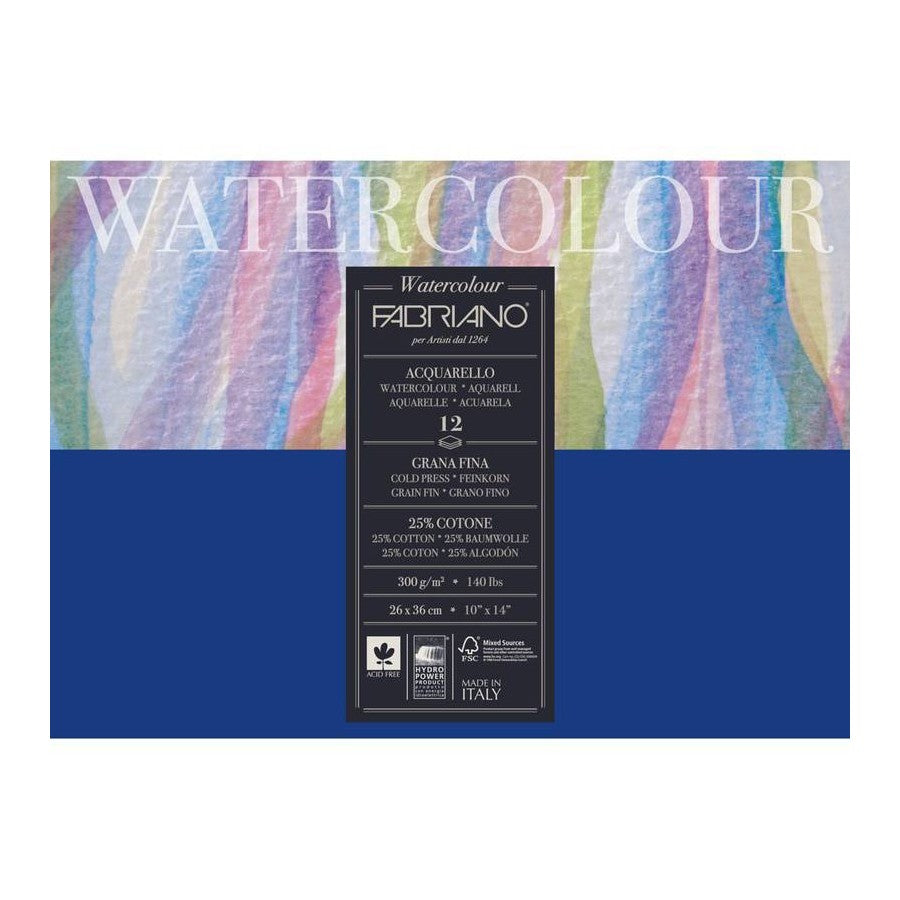 BLOCO FABRIANO WATERCOLOUR 300g/m2 GRANA FINA 26x36 12 FLS