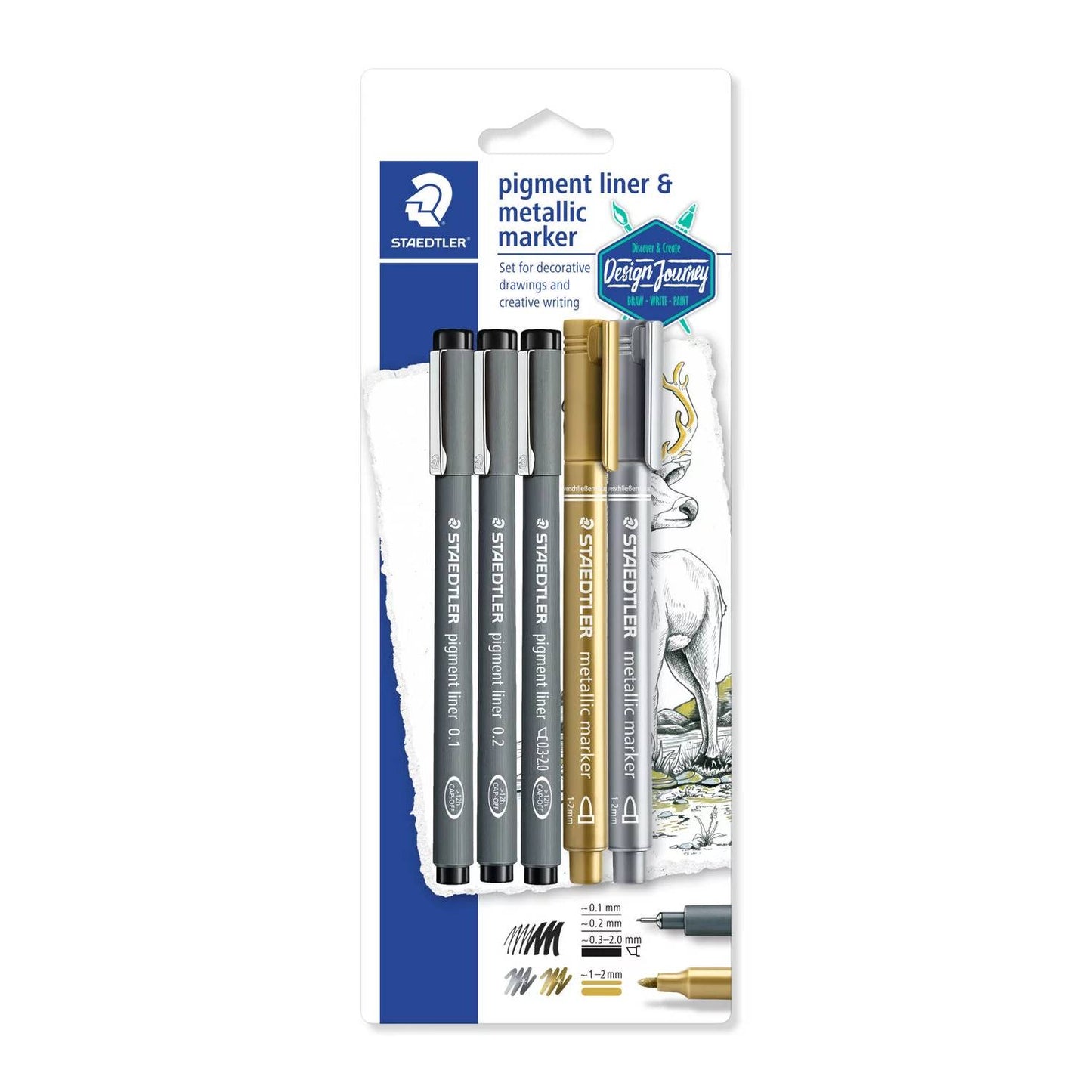 CANETA STAEDTLER PIGMENT LINER C/ 03 + 02 METALLIC MARKER