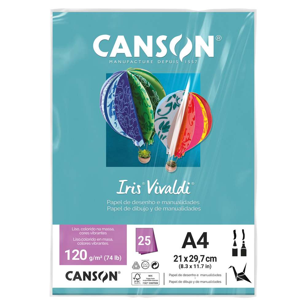 PAPEL CANSON IRIS VIVALDI A4 120G/M2 AZUL TURQUESA 25FLS