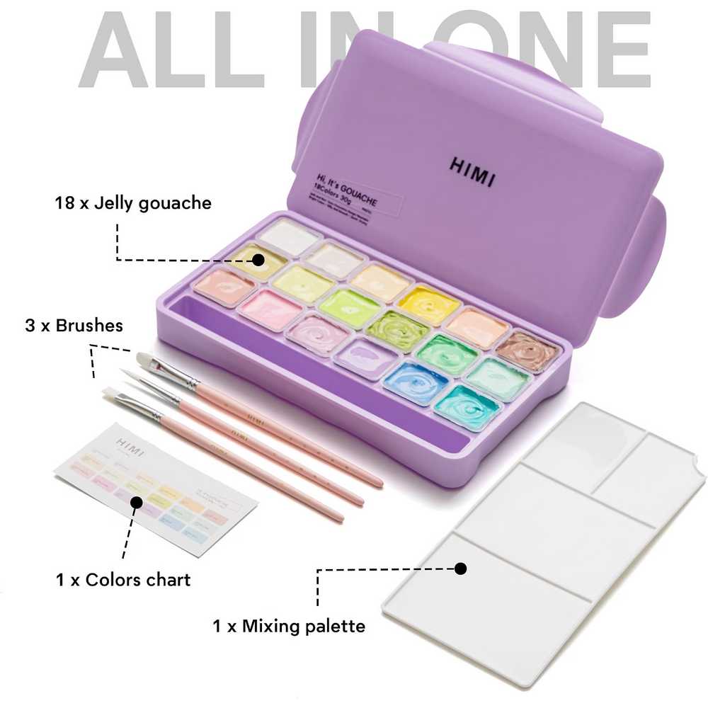 ESTOJO GOUACHE HIMI 18 CORES 30ML + 3 PINCEIS ESTOJO ROXO TST124