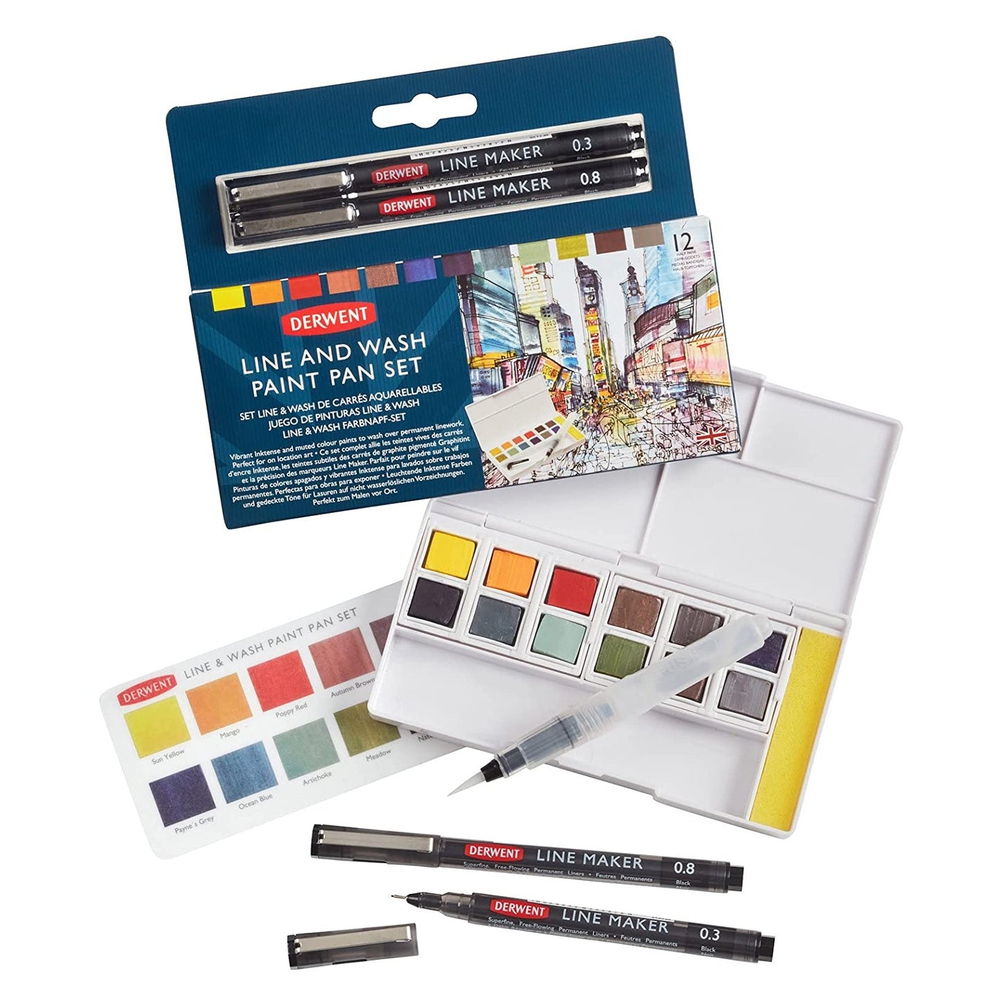 ESTOJO AQUARELA DERWENT 12 WASH PAINT HALF PAN + LINE MAKER