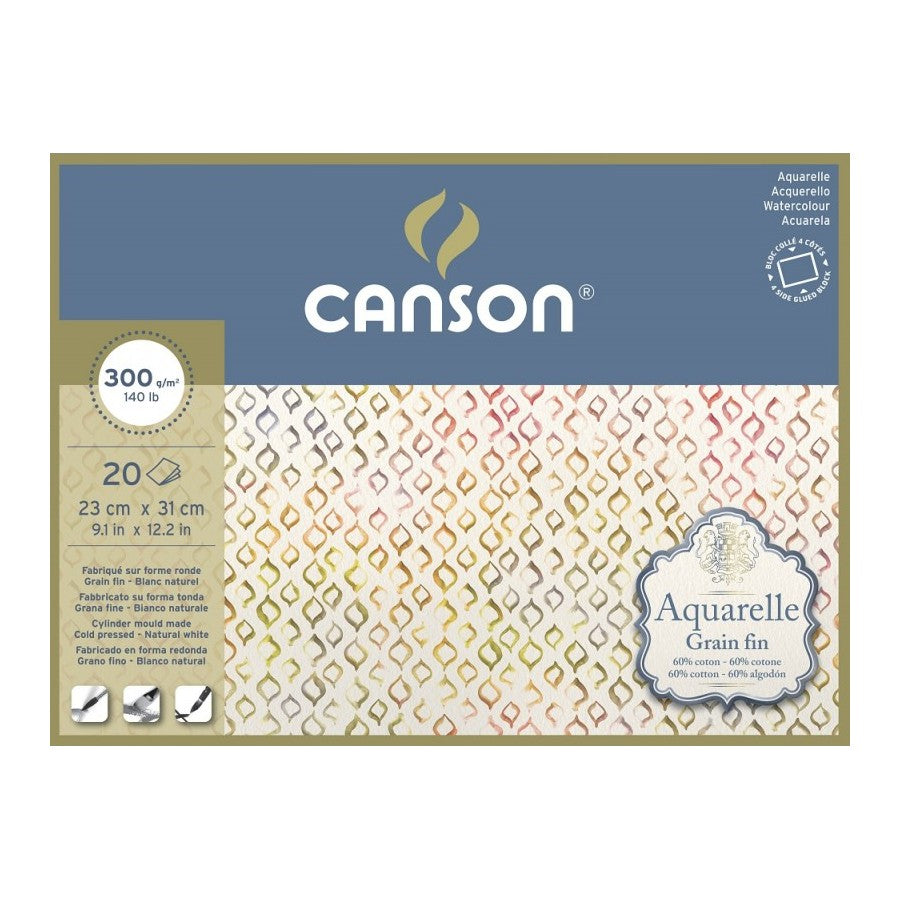 BLOCO CANSON AQUARELLE GR FINA 23X31 300G/M2 60%COTTON 20F