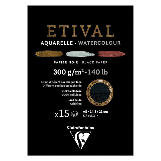 BLOCO CLAIREFONTAINE ETIVAL BLACK 300G/M2 A5 15 FLS