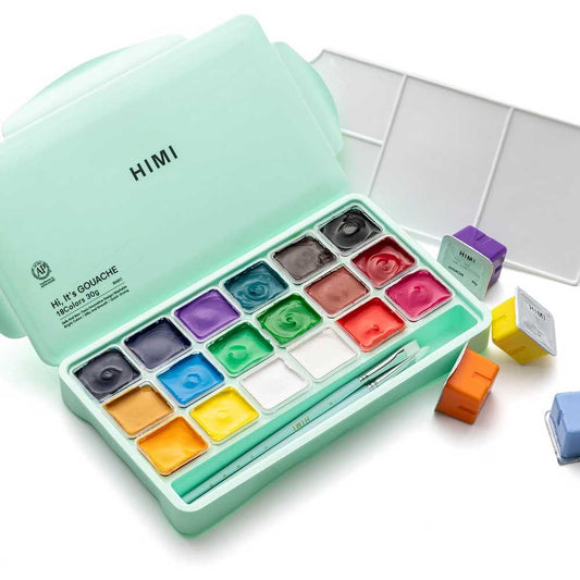 ESTOJO GOUACHE HIMI 18 CORES 30ML + 3 PINCEIS ESTOJO VERDE TST150