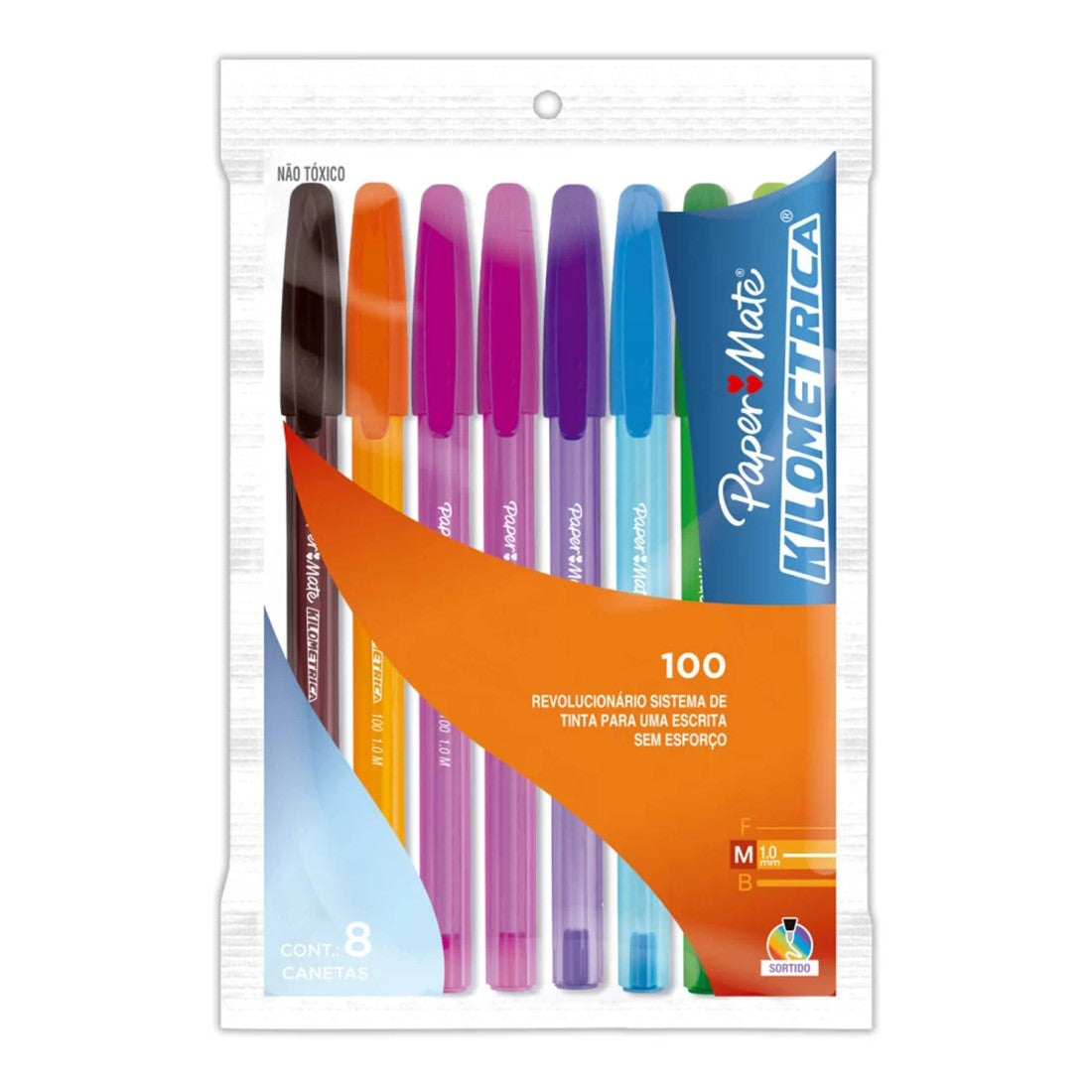 CANETA ESFEROGRAFICA PAPERMATE KM 100 PONTA MEDIA C/8 CORES