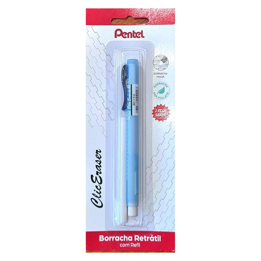 PORTA BORRACHA PENTEL CLICK ERASER 2 AZUL TRANSPARENTE BLISTER