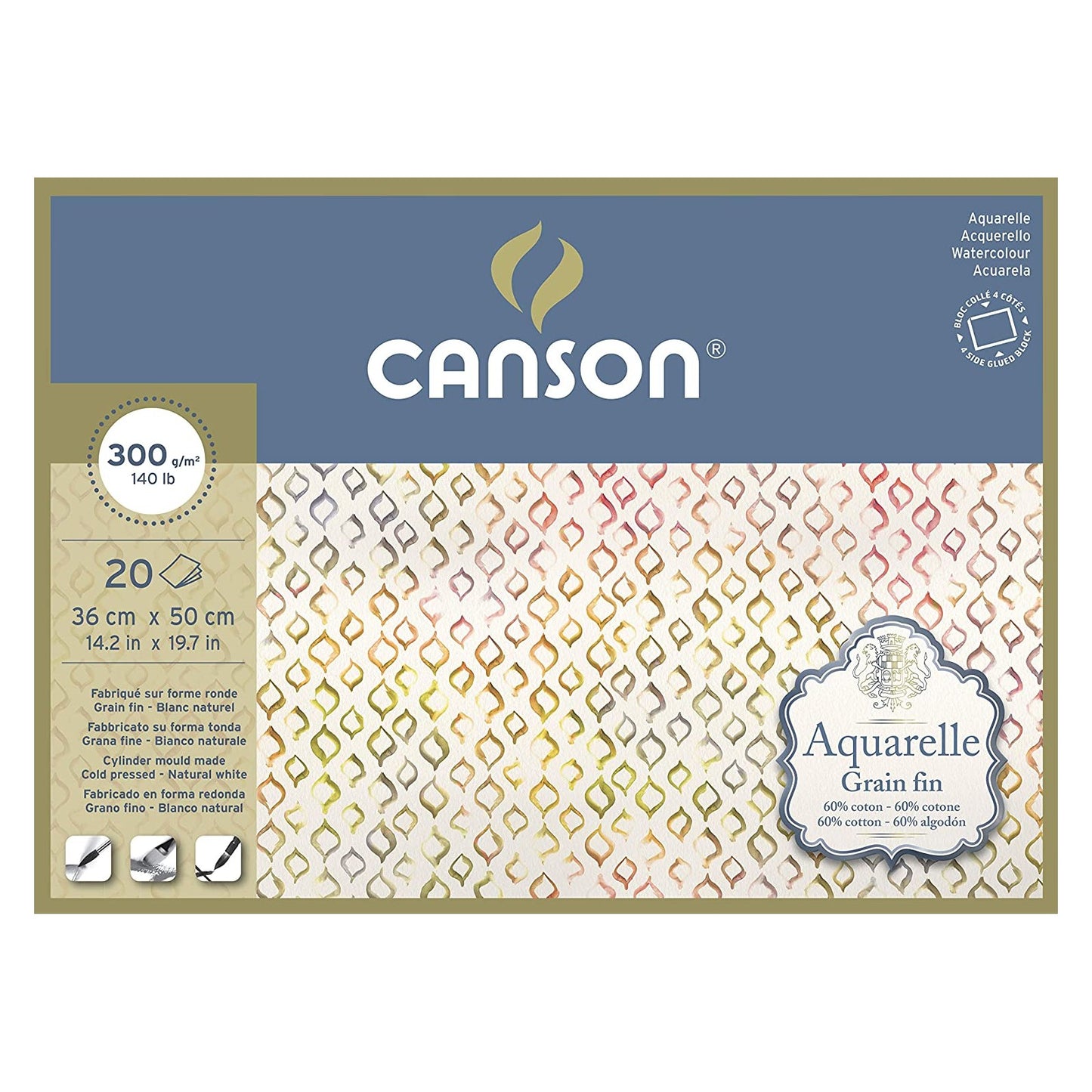 BLOCO CANSON AQUARELLE GR FINA 36X50 300G/M2 60%COTTON 20F