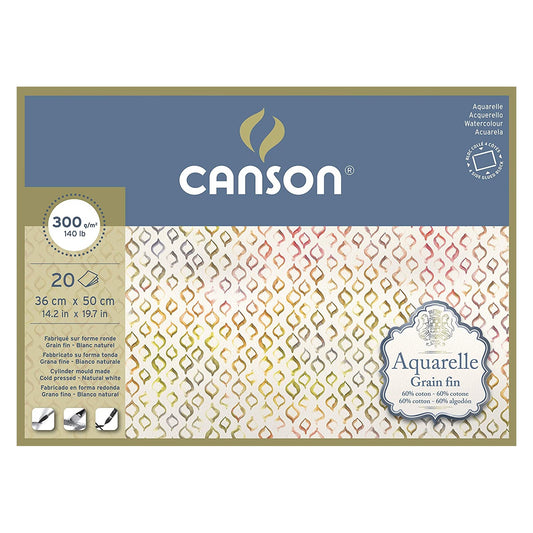 BLOCO CANSON AQUARELLE GR FINA 36X50 300G/M2 60%COTTON 20F