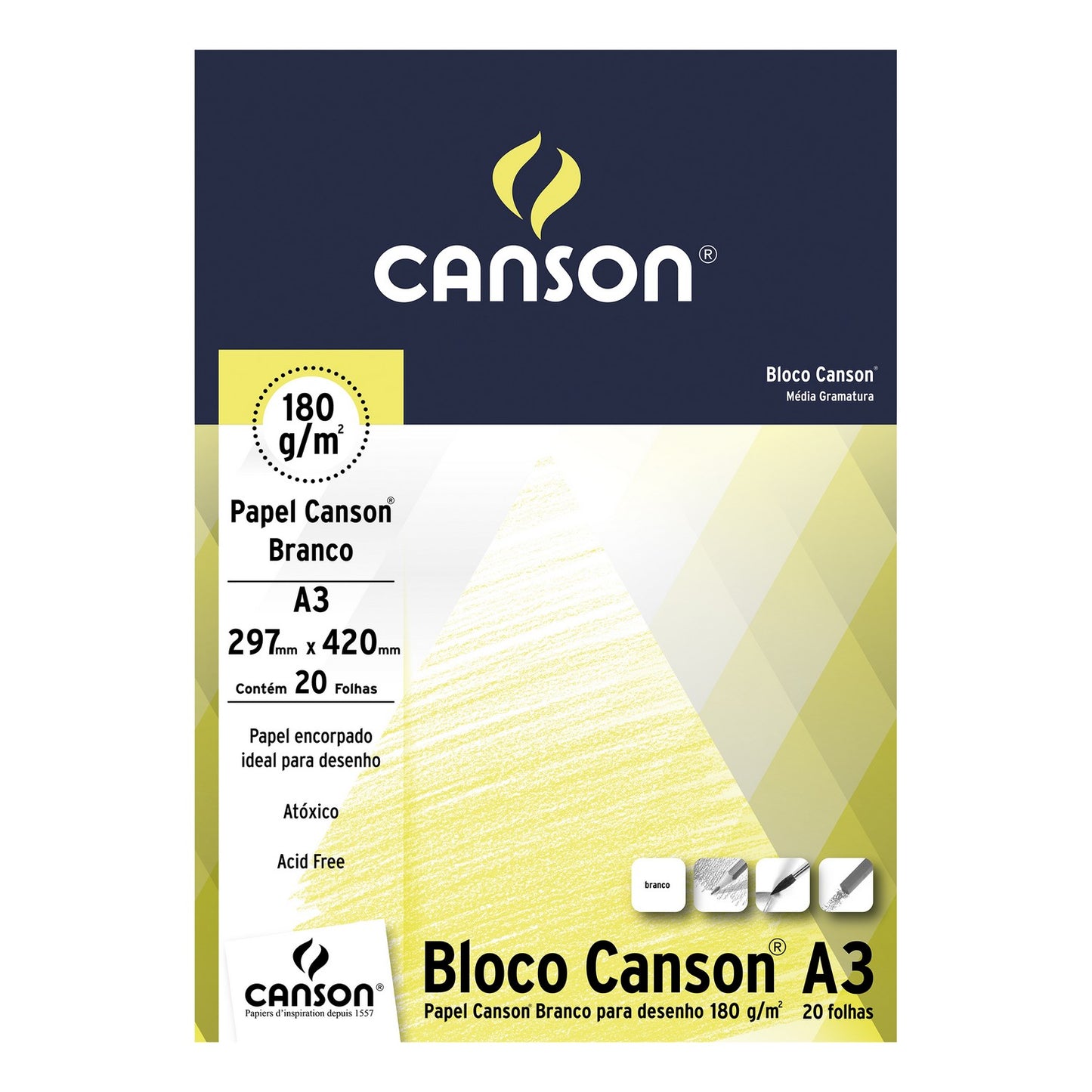 BLOCO CANSON ESTUDANTE A3 180G/M2 BRANCO "C A GRAIN" 20 FLS