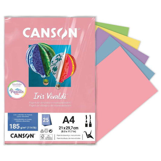 PAPEL CANSON IRIS VIVALDI A4 185G/M2 CORES PASTEIS C/ 25 FL