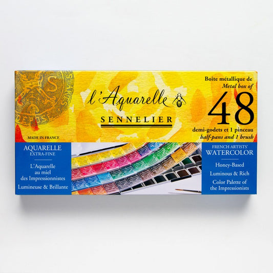 ESTOJO AQUARELA SENNELIER L'AQUARELLE 48 CORES HALF PAN + PINCEL N131607