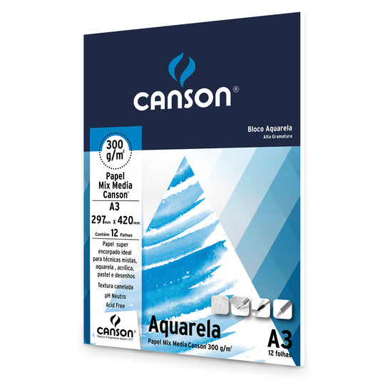 BLOCO CANSON AQUARELA MIX MEDIA 300g/m2 A3 12 FOLHAS