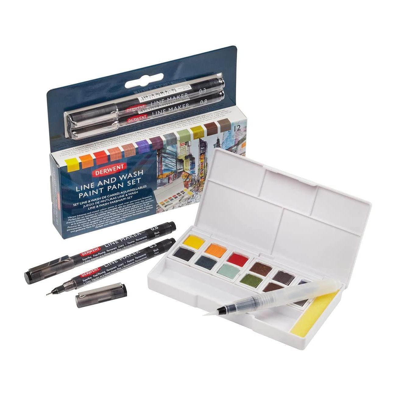 ESTOJO AQUARELA DERWENT 12 WASH PAINT HALF PAN + LINE MAKER