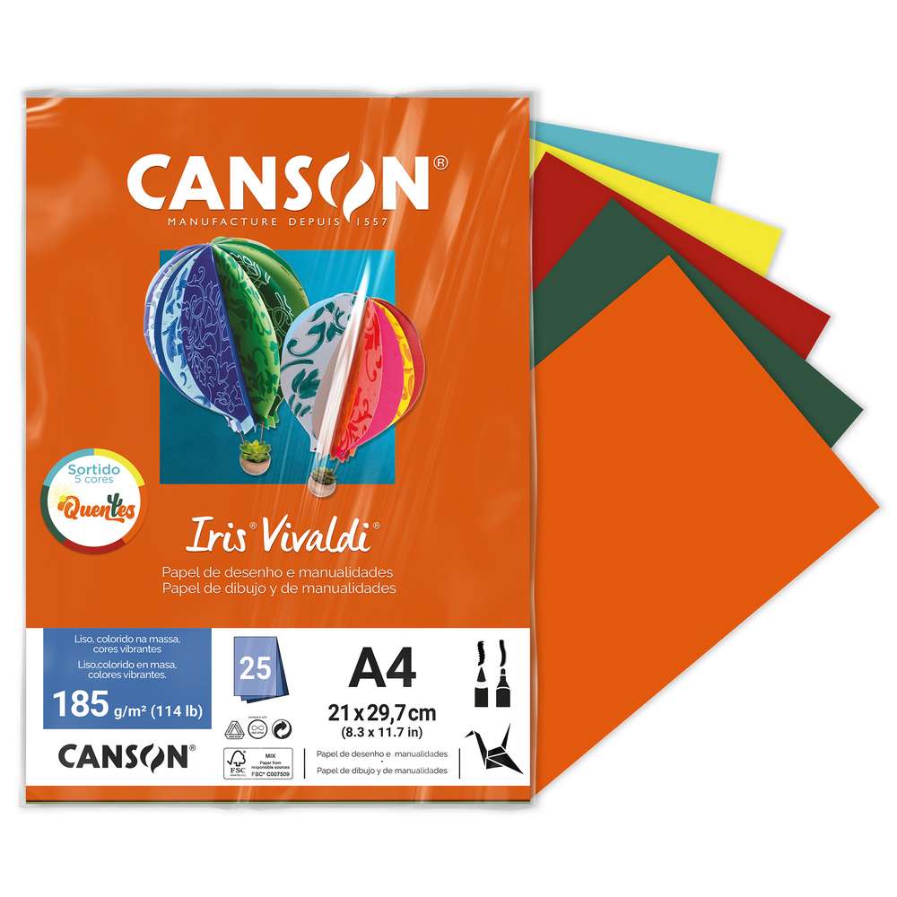 PAPEL CANSON IRIS VIVALDI A4 185G/M2 CORES QUENTES C/ 25 FL