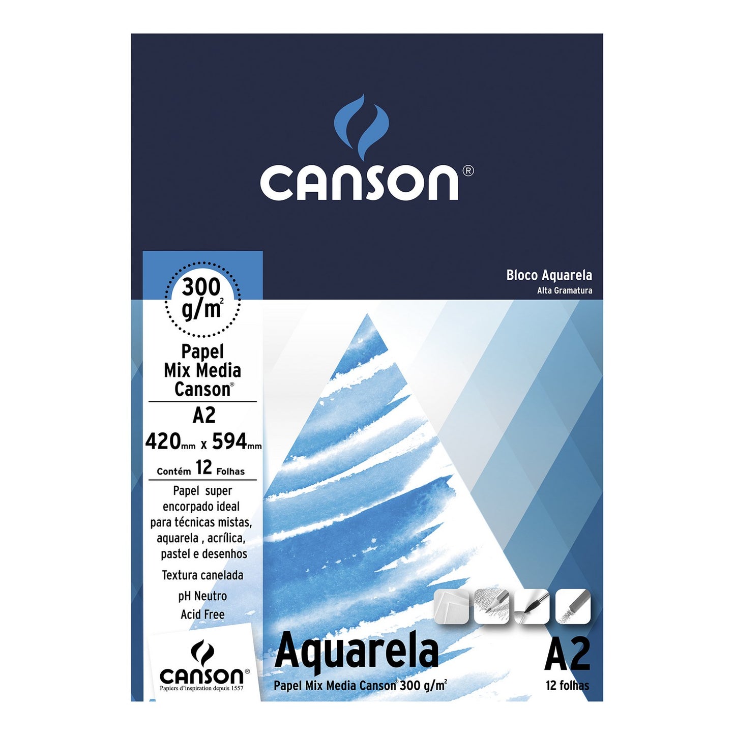BLOCO CANSON AQUARELA MIX MEDIA 300g/m2 A2 12 FOLHAS