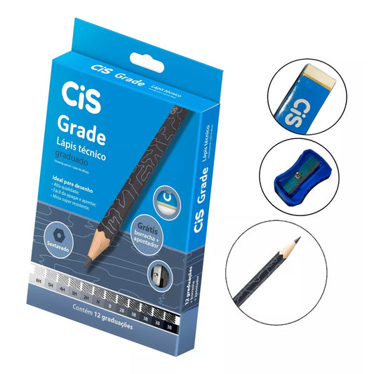 LAPIS GRADUADO CIS ESTOJO COM 12 GRADUAÇÕES + BORRACHA + APONT