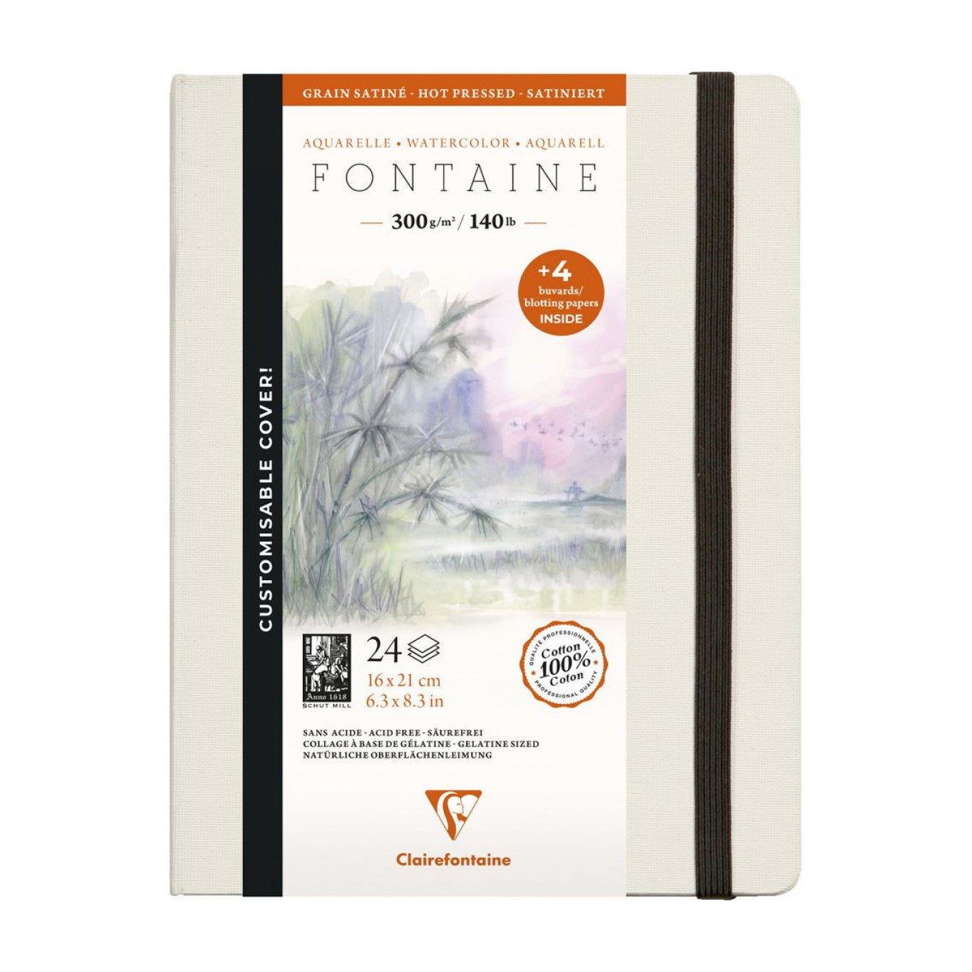 WATERCOLOUR BOOK FONTAINE 300G/M2 16X21 SATINE 24FL 100% ALGODÃO