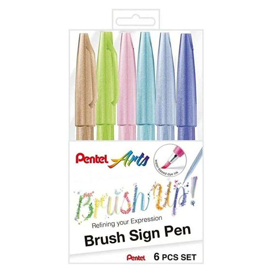 CANETA PENTEL SIGN PEN BRUSH ESTOJO C/ 06 CORES PASTEIS