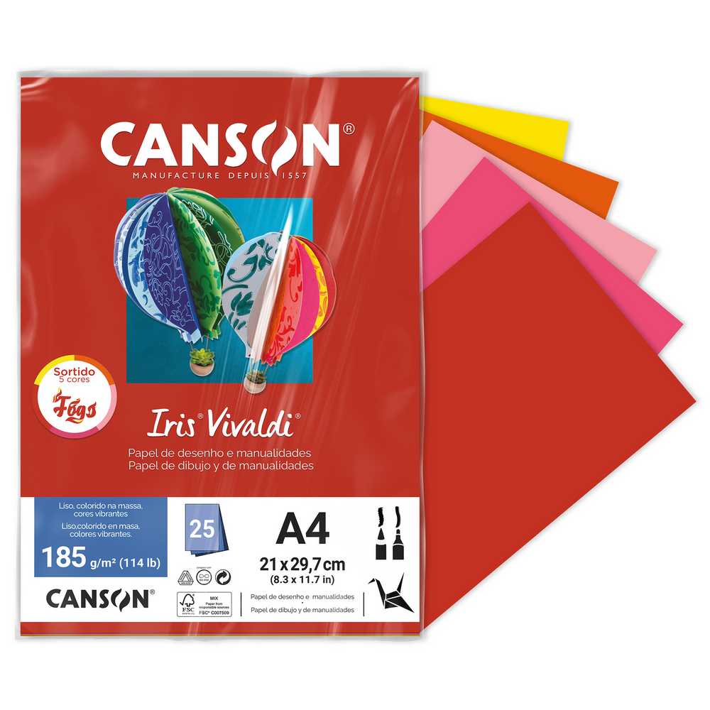 PAPEL CANSON IRIS VIVALDI A4 185G/M2 SORTIDO FOGO 25 FOLHAS