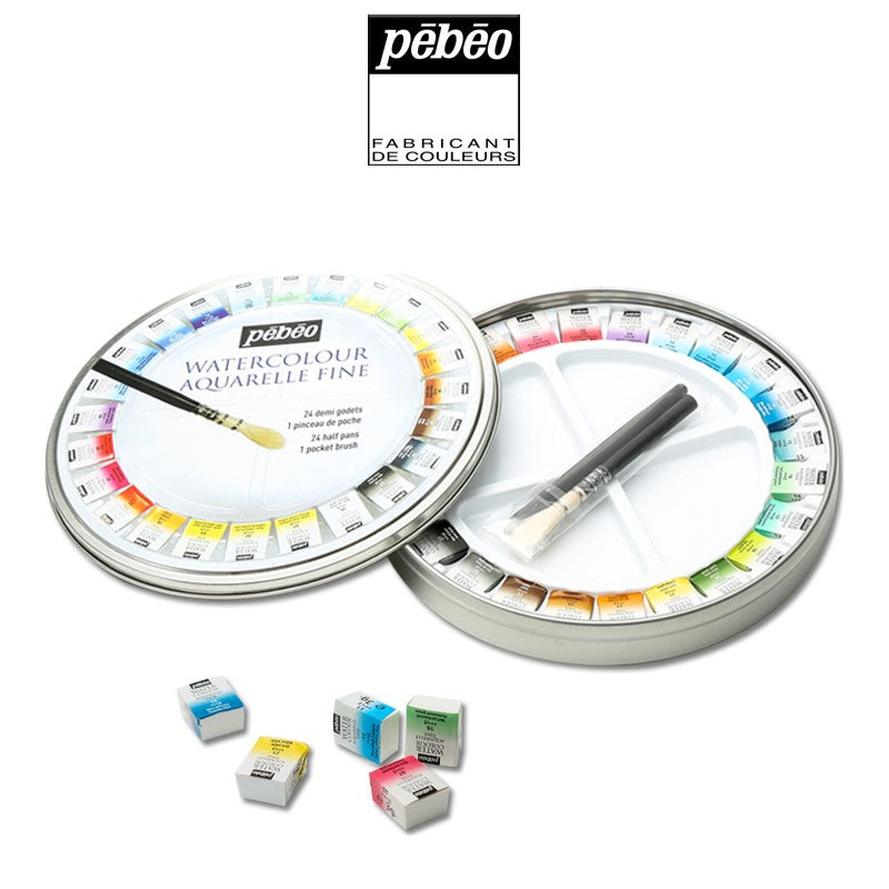 ESTOJO AQUARELA PEBEO 24 HALF PAN + PINCEL METAL BOX