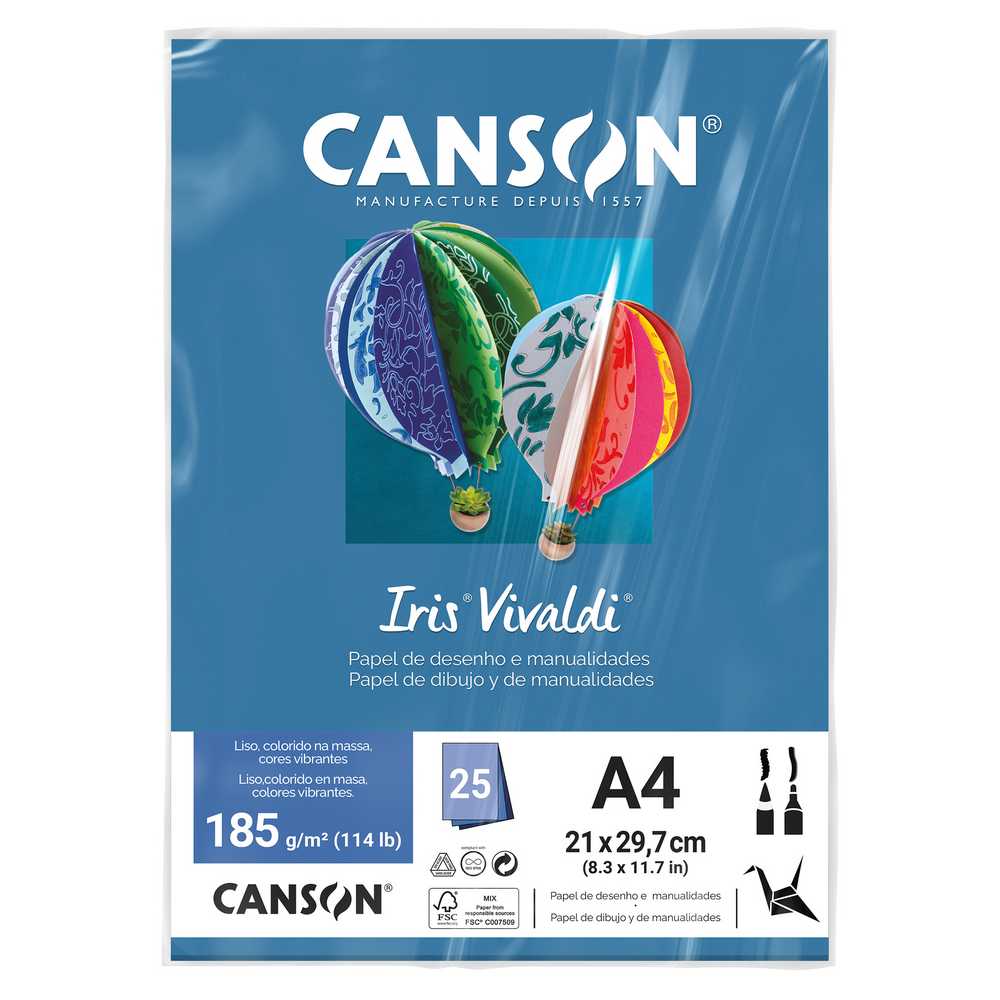 PAPEL CANSON IRIS VIVALDI A4 185G/M2 AZUL MAR 25FL