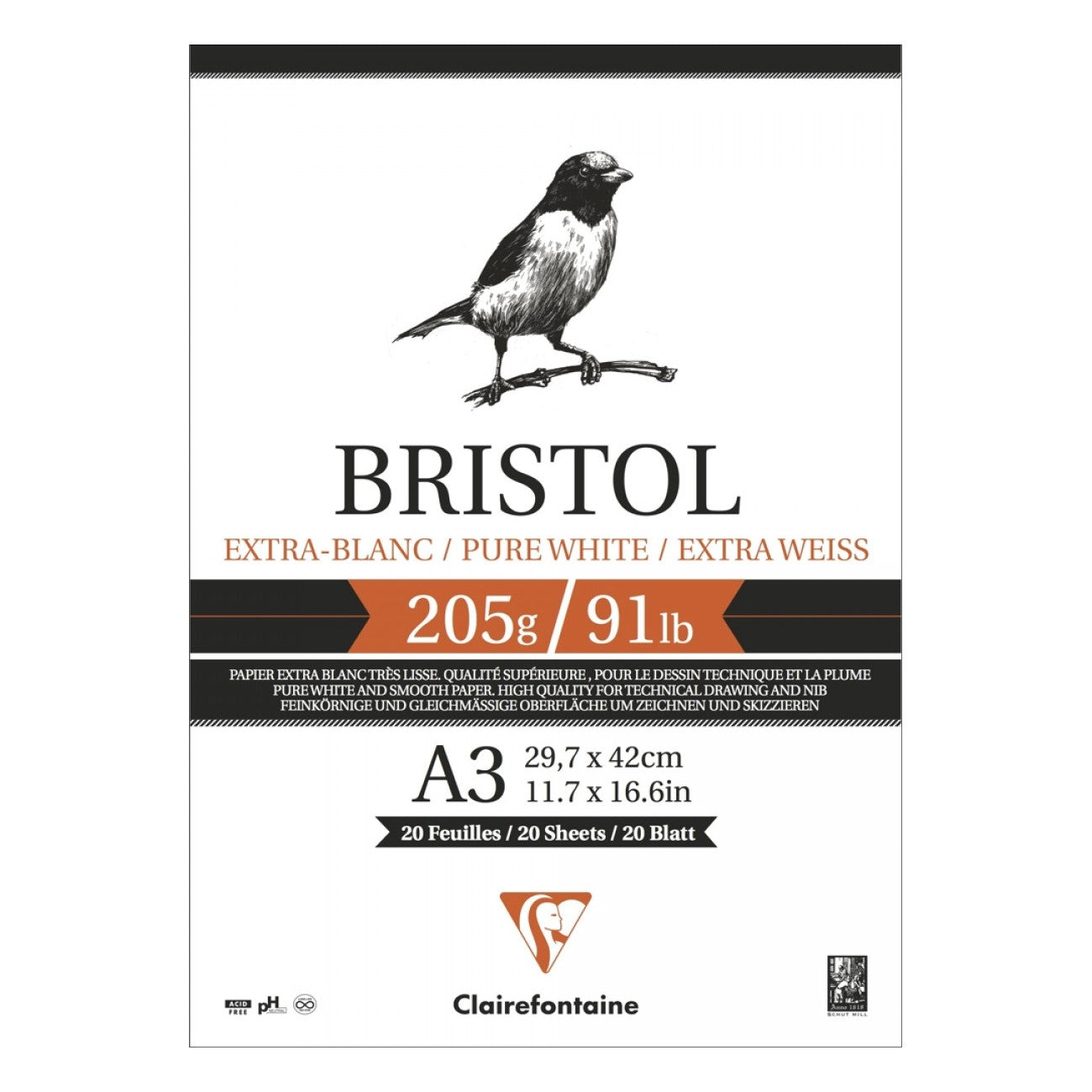 BLOCO CLAIREFONTAINE BRISTOL A3 205G/M2 20 FOLHAS