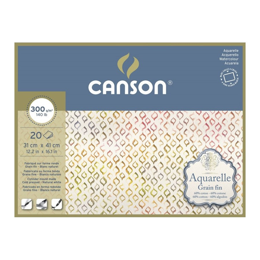 BLOCO CANSON AQUARELLE GR FINA 31X41 300G/M2 60%COTTON 20F