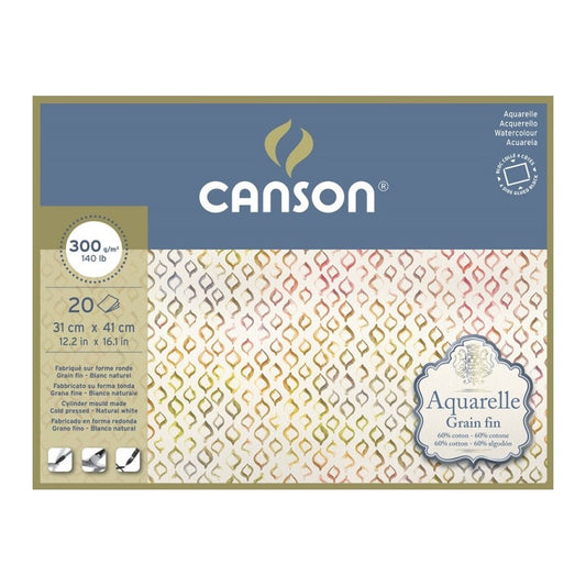 BLOCO CANSON AQUARELLE GR FINA 31X41 300G/M2 60%COTTON 20F