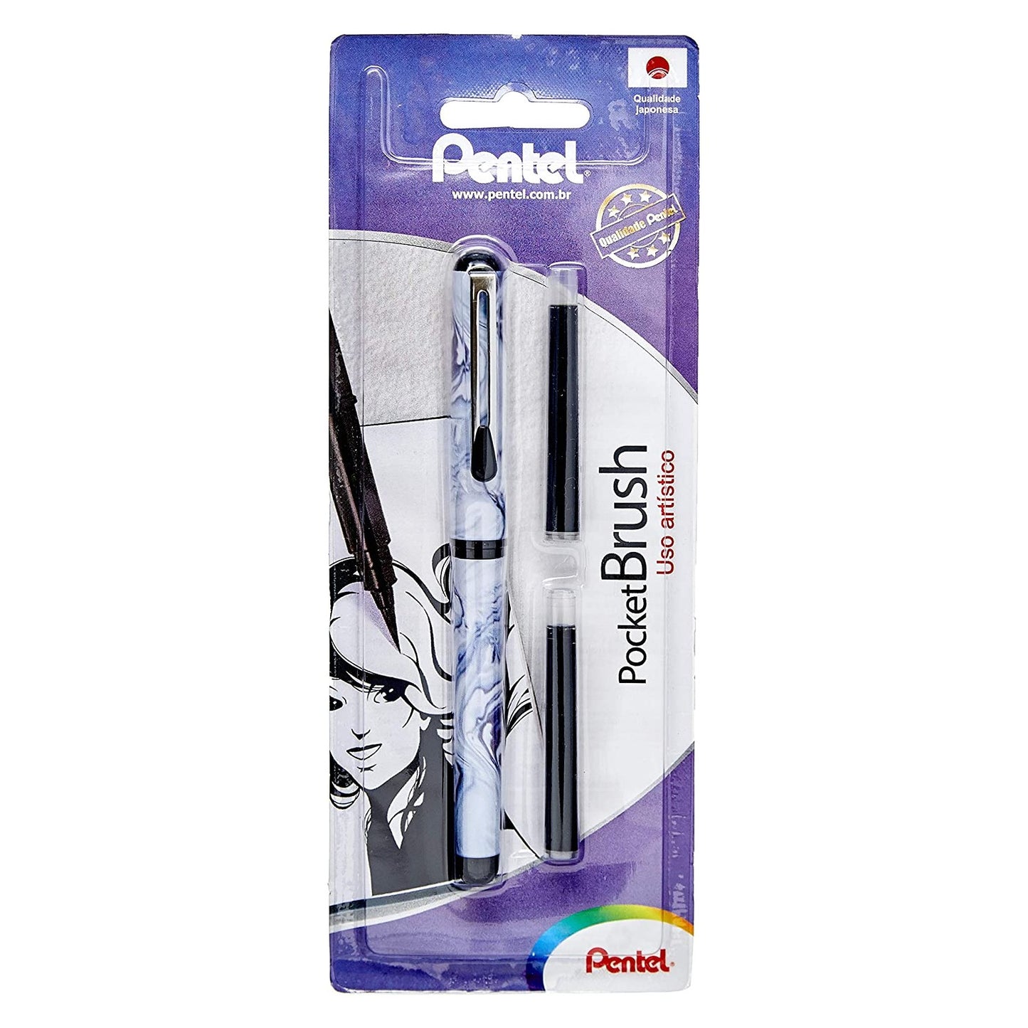 CANETA PENTEL POCKET BRUSH MARMORIZADA C/ 02 REFIS PRETO