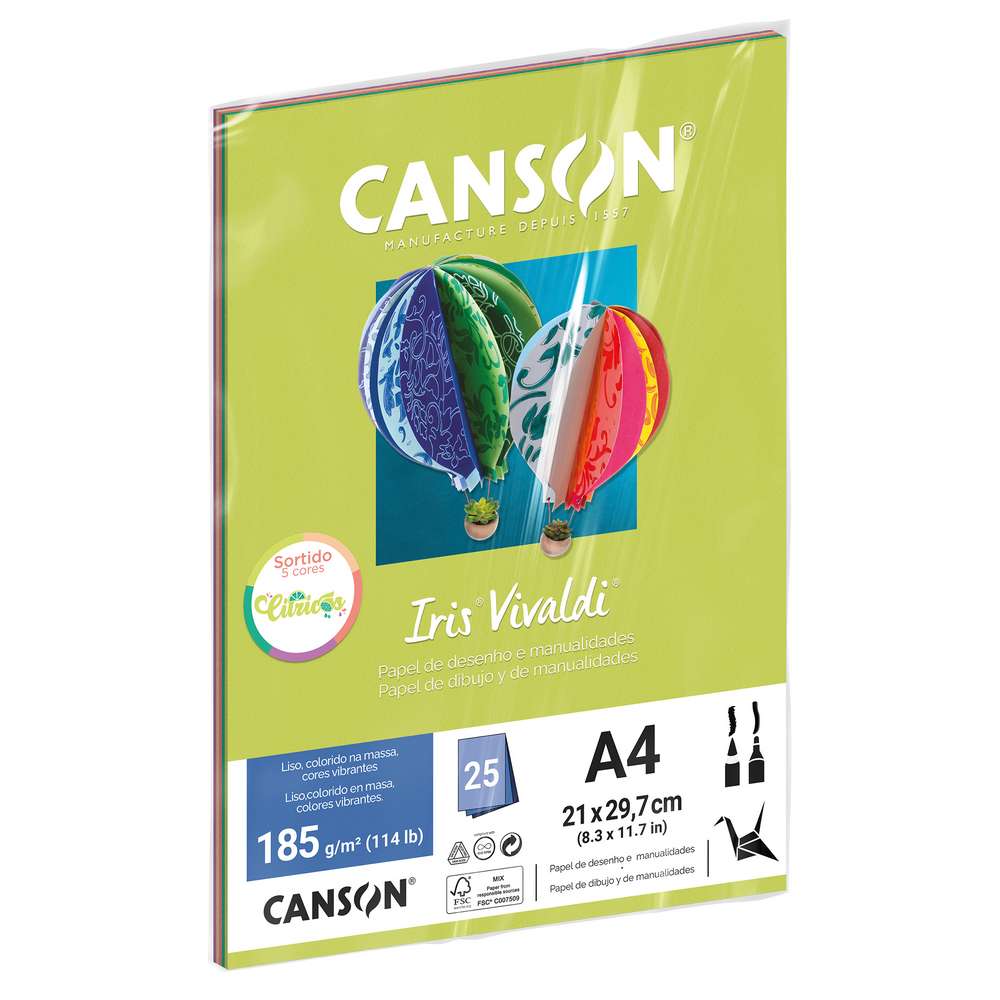 PAPEL CANSON IRIS VIVALDI A4 185G/M2 CORES CITRICAS C/ 25 FL