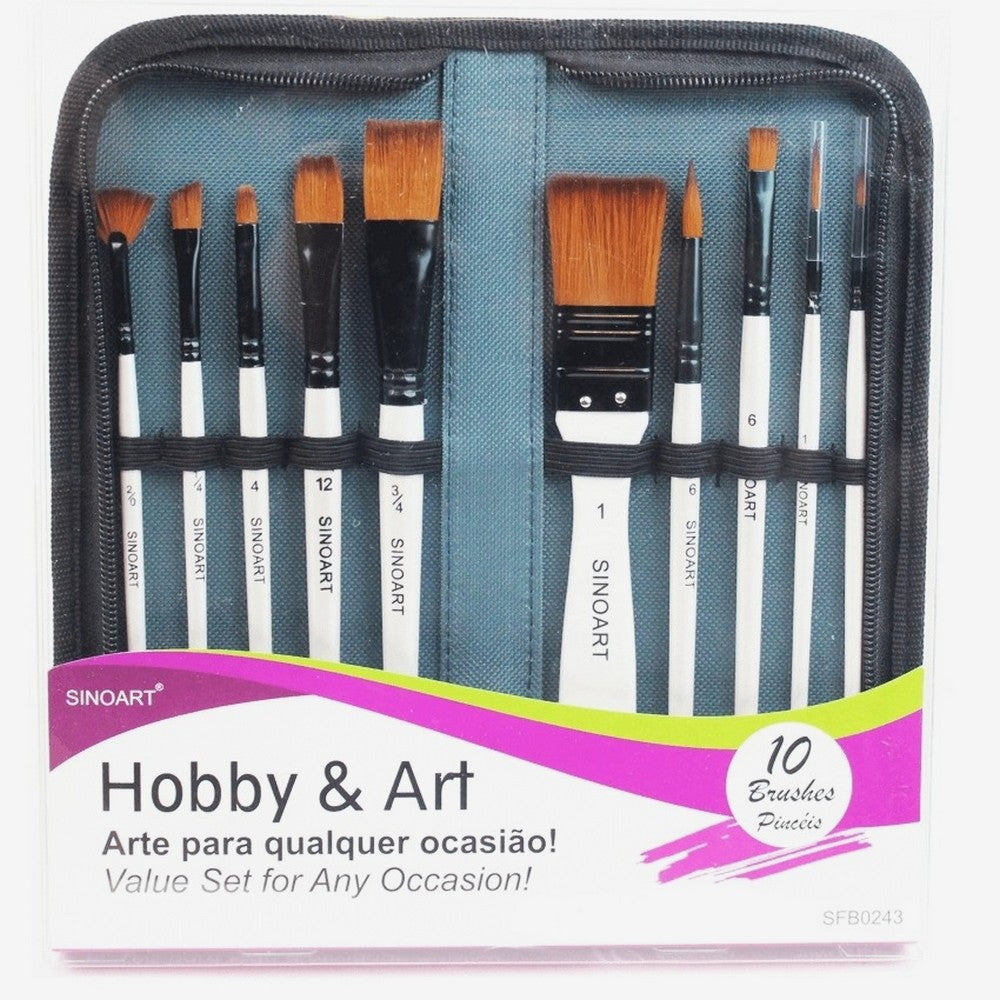 KIT PINCEIS SINOART C/ 10 UNIDADES + ESTOJO C/ ZIPER HOBBY