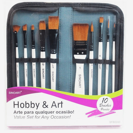 KIT PINCEIS SINOART C/ 10 UNIDADES + ESTOJO C/ ZIPER HOBBY