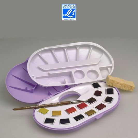 ESTOJO AQUARELA LEFRANC BOURGEOIS FINE 14 HALF PAN + PINCEL