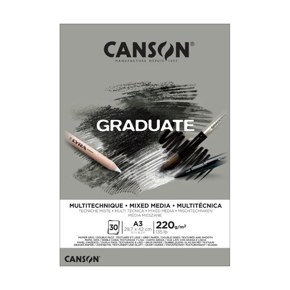 BLOCO CANSON GRADUATE MIX MEDIA GREY PAPER A3 220G/M2 30 FLS