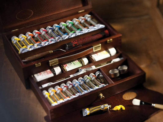 ESTOJO OLEO TALENS REMBRANDT 22 TUBOS + 13 ACESSORIOS MADEIRA