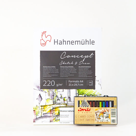 KIT PASTEL SECO CONTE + BLOCO HAHNEMUHLE CONCEPT