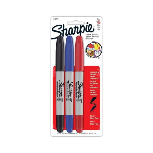 MARCADOR PERMANENTE SHARPIE TWIN TIP PONTA DUPLA C/ 03 CORES