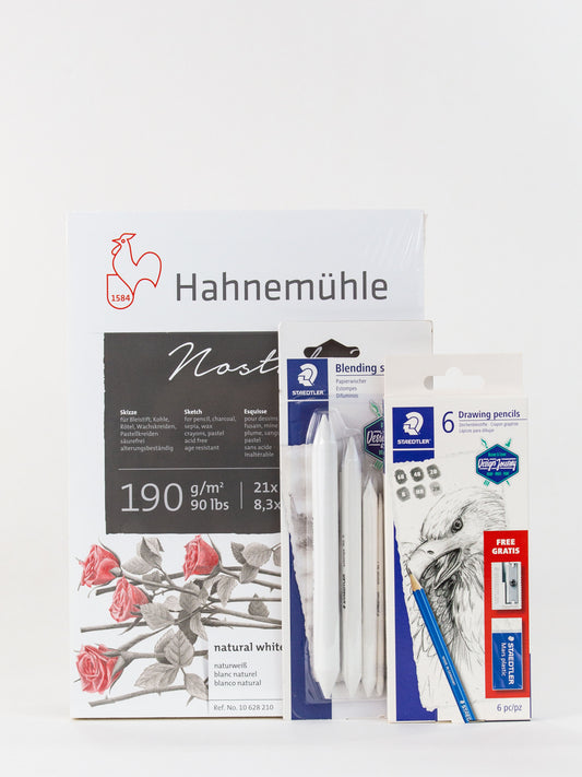 KIT BLOCO NOSTALGIE + LAPIS GRADUADO STAEDTLER + ESFUMINHO STAEDTLER