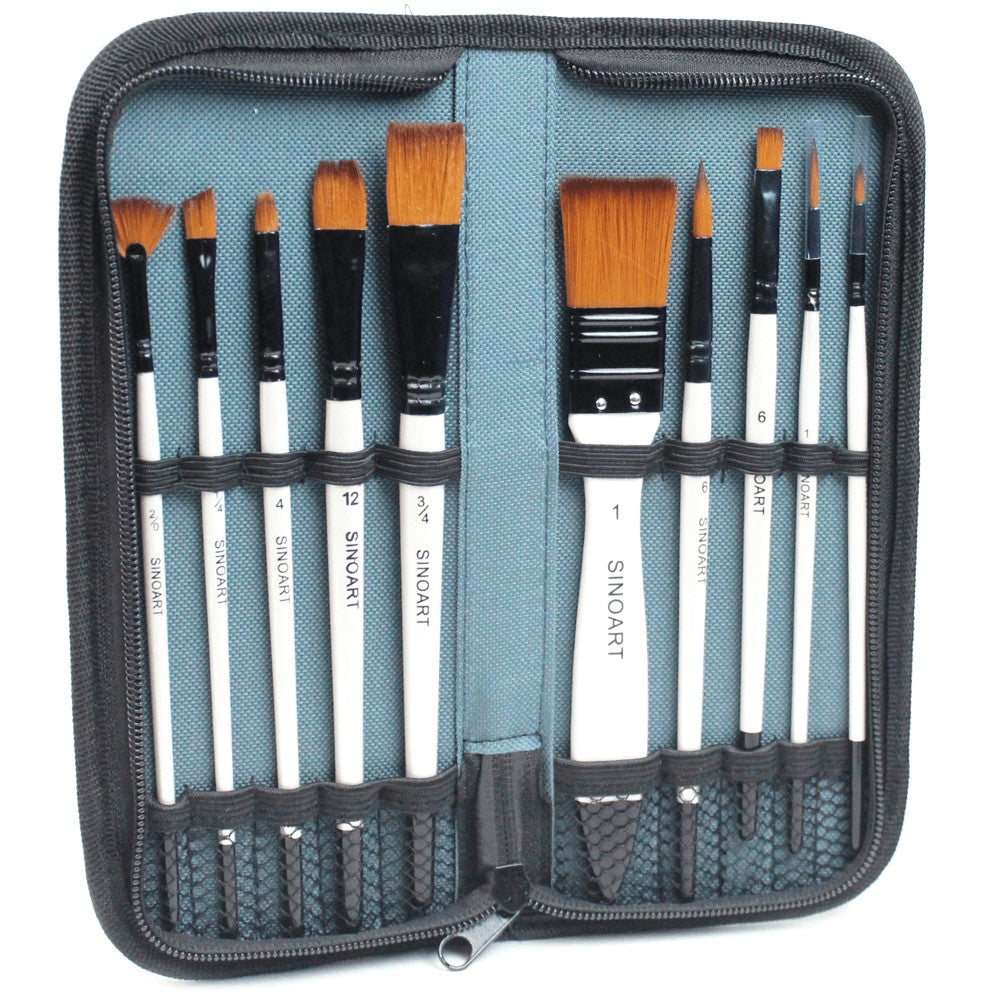 KIT PINCEIS SINOART C/ 10 UNIDADES + ESTOJO C/ ZIPER HOBBY