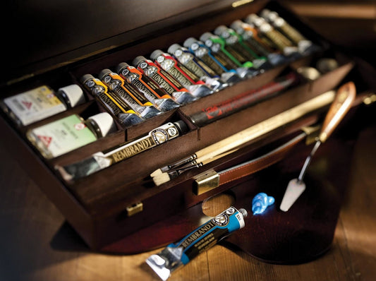 ESTOJO OLEO TALENS REMBRANDT 13 TUBOS + 11 ACESSORIOS MADEIRA