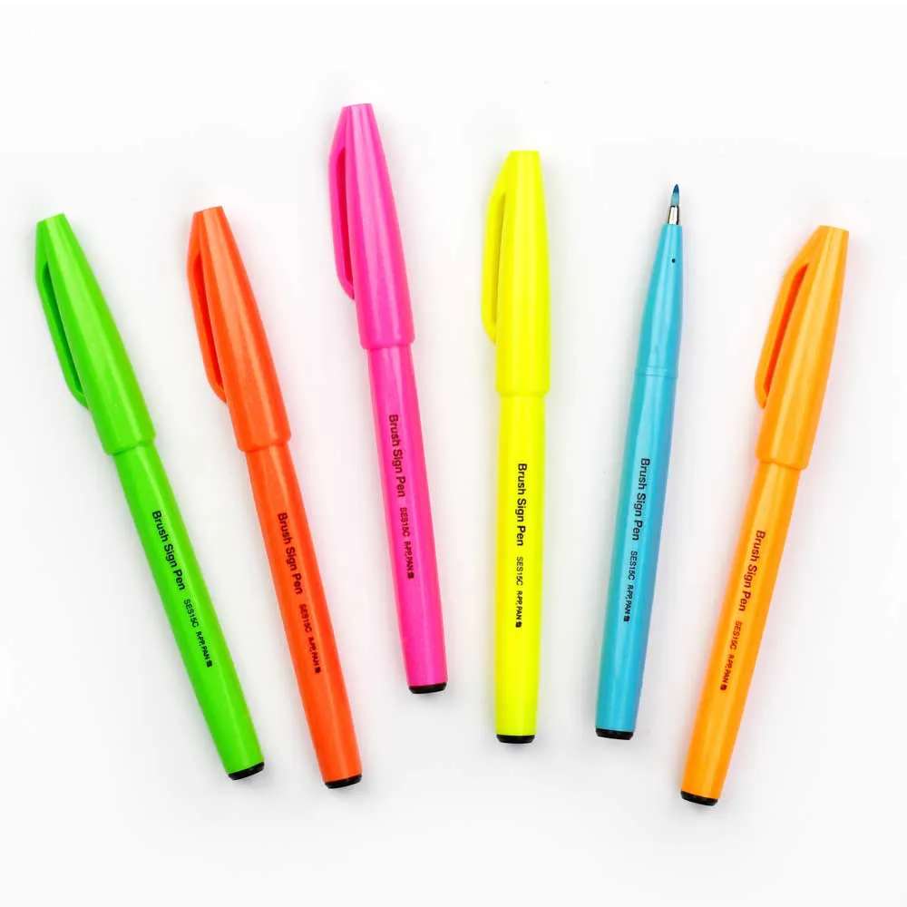 CANETA PENTEL SIGN PEN BRUSH ESTOJO C/ 06 CORES FLUORESCENTE