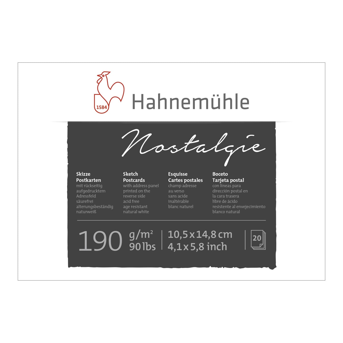 BLOCO HAHNEMUHLE POSTCARD NOSTALGIE A6 190G/M2 20 FOLHAS