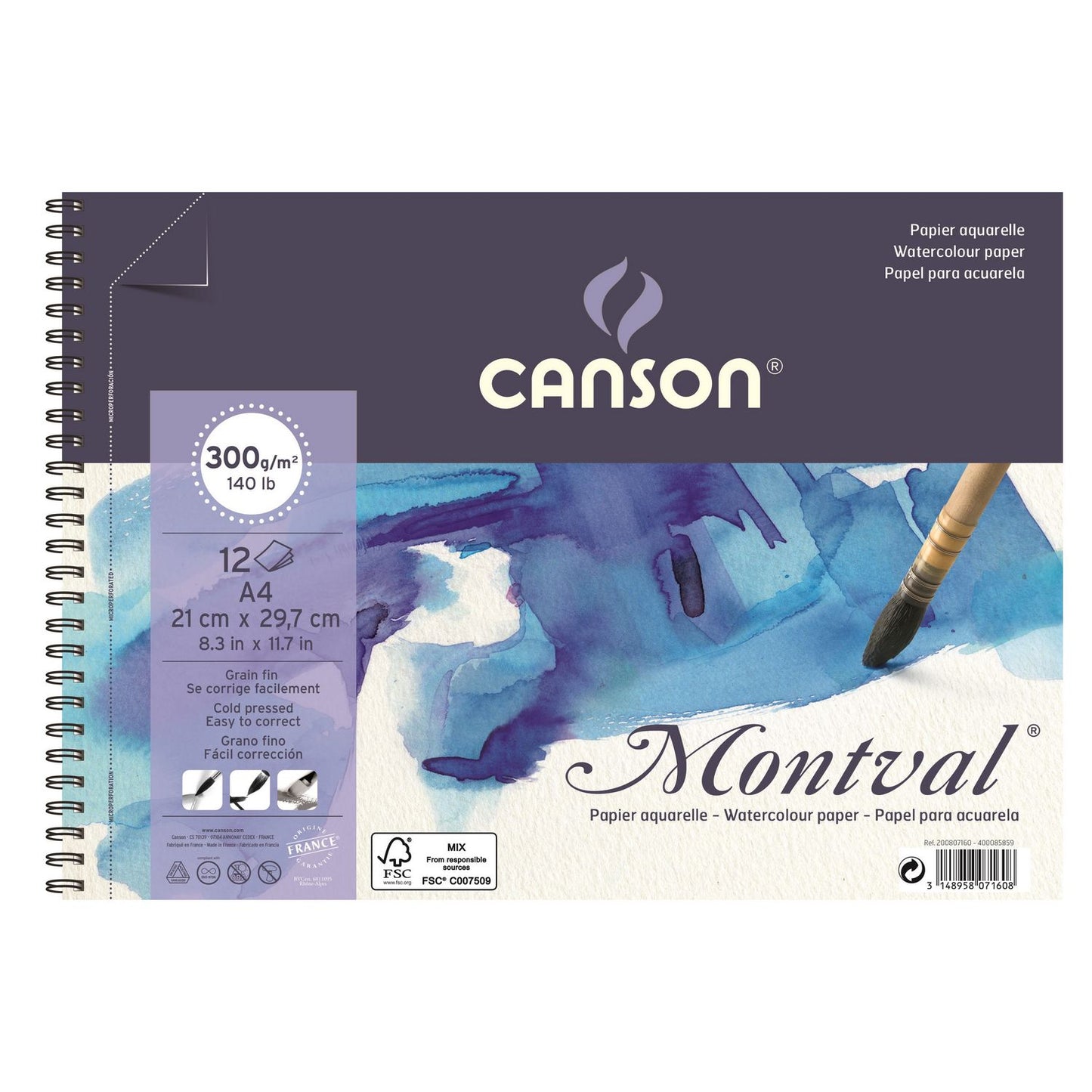 BLOCO CANSON MONTVAL A4 300g/m2 12 FOLHAS ESPIRAL