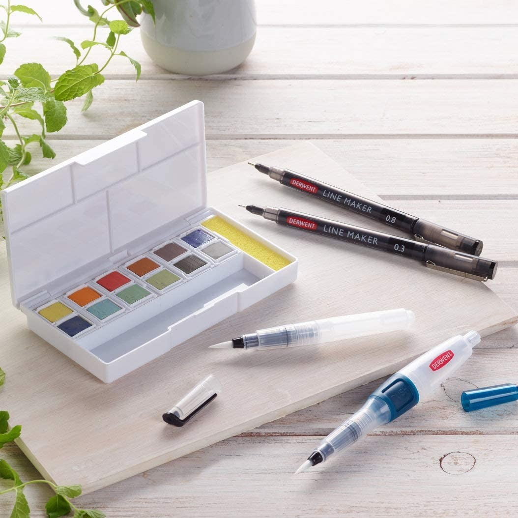 ESTOJO AQUARELA DERWENT 12 WASH PAINT HALF PAN + LINE MAKER