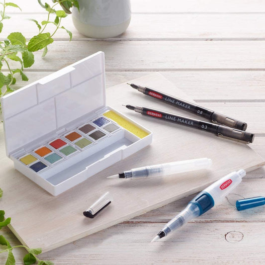 ESTOJO AQUARELA DERWENT 12 WASH PAINT HALF PAN + LINE MAKER