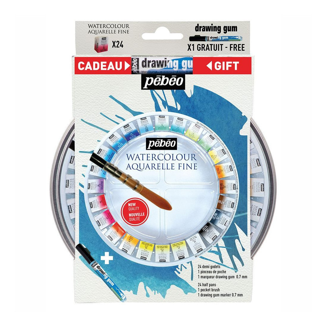 ESTOJO AQUARELA PEBEO 24 HALF PAN + PINCEL + MASCARA CANETA